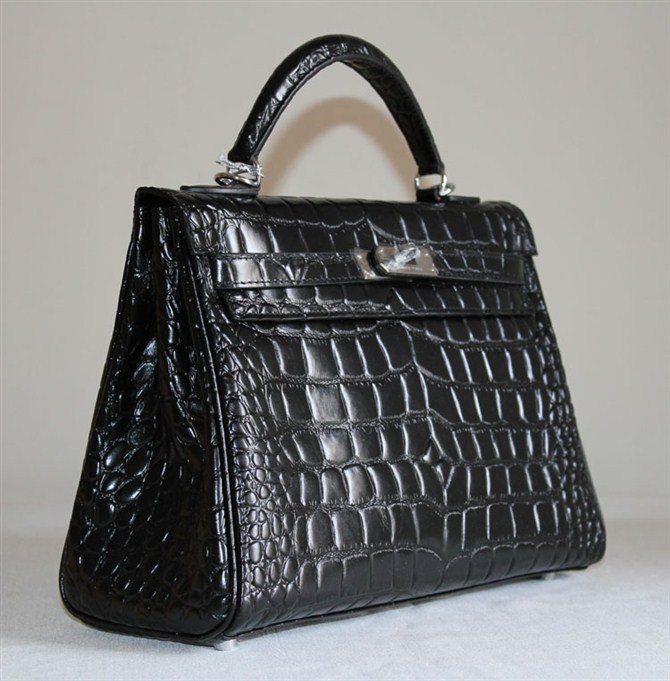 7A Replica Hermes Kelly 32cm Crocodile Veins Leather Bag Black HC0001 - Click Image to Close